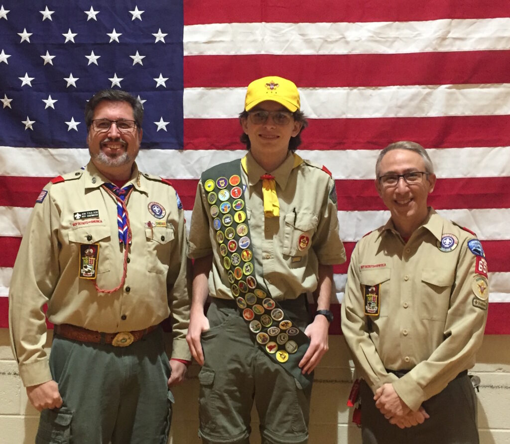 Troop 658 Scoutmaster Emeritis & ASM Jon Paulson, Gabriel Herrera, Scoutmaster Vince LaDuca